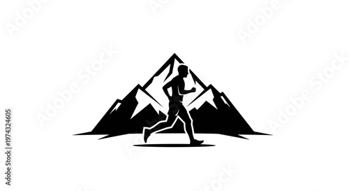 Athletic Runner Silhouette Ascending Majestic Mountain Peaks Silhouette Graphic Design