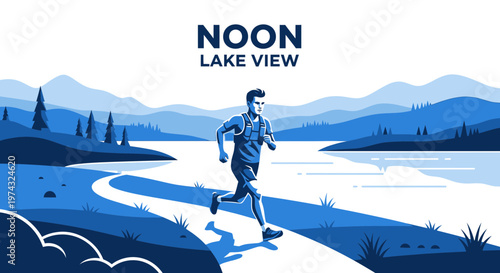 Athletic Man Jogging By Serene Lake During Noon Scenic Landscape View