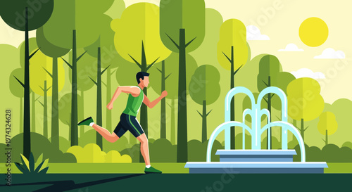 Athletic Man Jogging In Lush Green Park Beside Serene Water Fountain