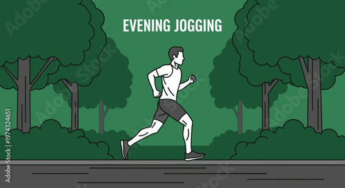 Athletic Man Jogging Through Lush Green Evening Park Scenic Route