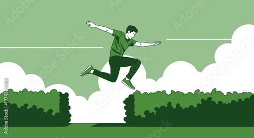 Athletic Man Leaping Over Green Hedgerow In Stylized Outdoor Scene