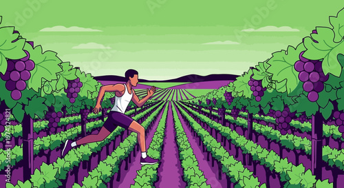 Athletic Man Sprinting Through Lush Vineyard Rows At Sunrise