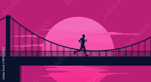 Athletic Silhouette Running Across Majestic Bridge During Sunset