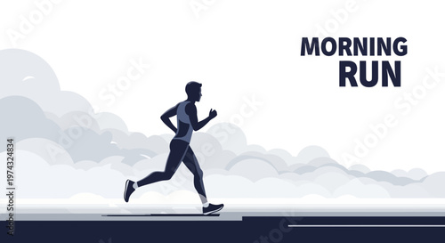 Athletic Man Sprinting Through Misty Morning Landscape Outdoors