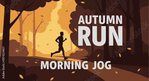 Autumn Morning Run Jogger Silhouetted in Forest Landscape