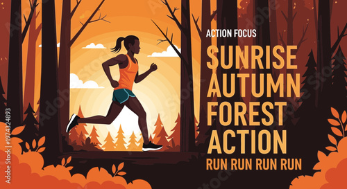 Autumn Sunrise Trail Runner Dynamic Motion Forest Exercise Silhouette