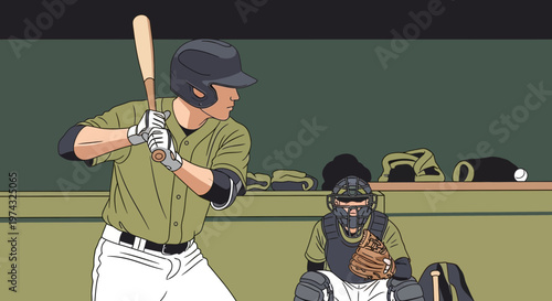 Baseball Batter And Catcher In Dugout Ready For Action