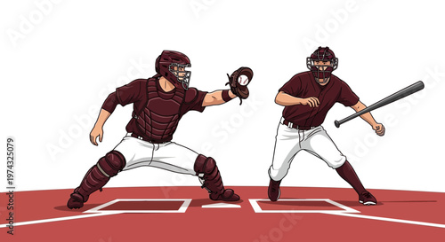 Baseball Catcher And Batter Dynamic Poses Sports Action Illustration