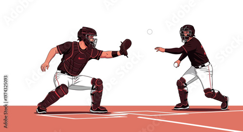 Baseball Battery Action Catcher Receiving Pitcher Throwing To Home Plate Dynamic Illustration