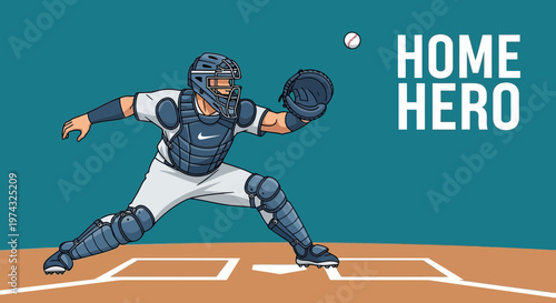 Baseball Catcher Ready To Make The Play Dynamic Action Illustration
