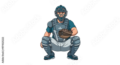 Baseball Catcher Ready To Receive Pitch In Protective Gear With Mitt