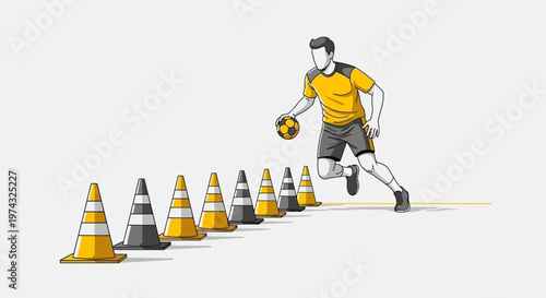 Athletic Training Exercise Silhouette With Soccer Ball And Cones