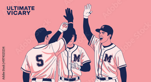 Baseball Team Celebrates Victory With High Fives Dynamic Illustration