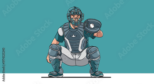 Baseball Catcher Ready To Receive Pitch in Protective Gear