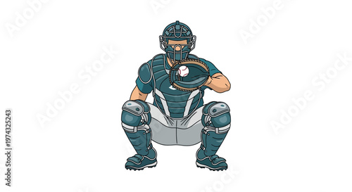 Baseball Catcher Ready to Receive Pitch in Protective Gear