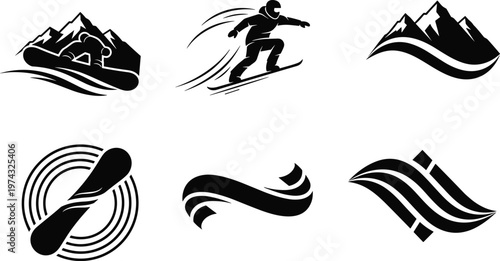 Snowboarding logo set and winter mountain sports silhouette collection with snowboarder icons for extreme ski resort branding, alpine adventure identity, and vector design.