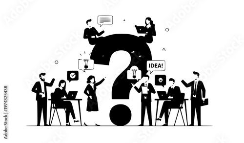 Team Brainstorming Solving Problem Red Question Mark Vector Illustration