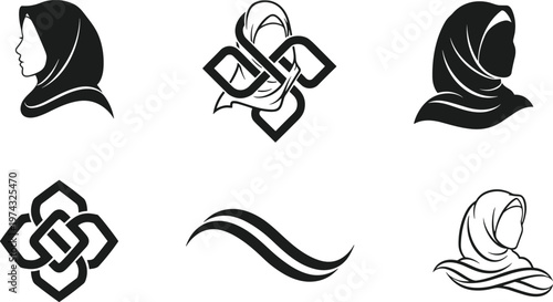 Muslim woman wearing hijab logo set and collection of elegant islamic headscarf silhouette icons for modest fashion brand identity design and beauty boutique vector.