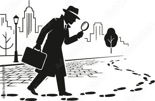 Silhouette Detective Following Footprints on City Street — Minimalist Noir Illustration