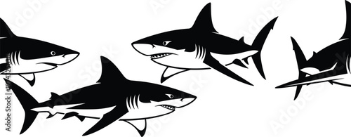 Great white shark silhouette collection and predatory shark vector set swimming in ocean for marine life mascot logo design and aquatic sports team branding.