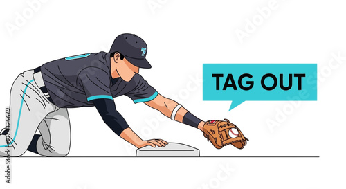Baseball Player Making a Crucial Tag Out On The Base Path Illustration