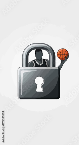 Basketball Player Locked Inside Security Padlock Symbolizing Lockdown and Sports Restrictions