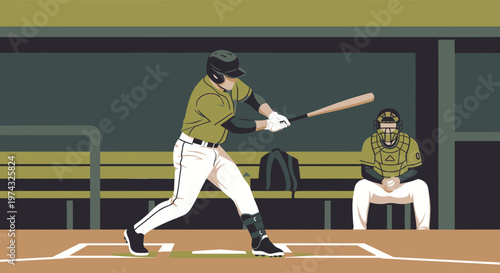 Baseball Player Swings Bat Facing Catcher In Dugout During Game