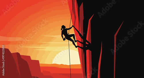Bold Climber Ascending Rocky Cliff Against Vibrant Sunset Sky