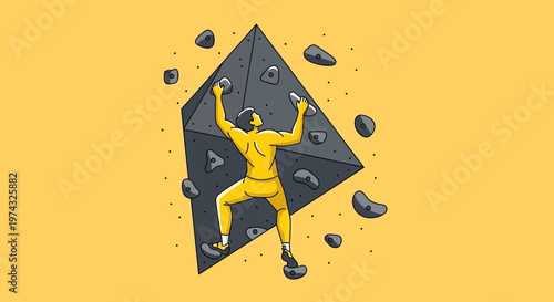 Bold Climber Ascends Textured Wall in Vibrant Yellow Space