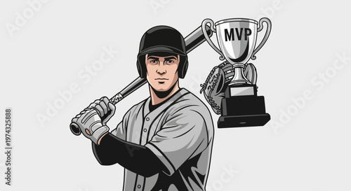 Baseball Player With MVP Trophy And Bat On Shoulder
