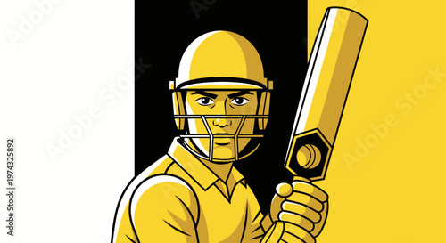 Bold Cricket Batter Ready For Action Yellow And Black Graphic