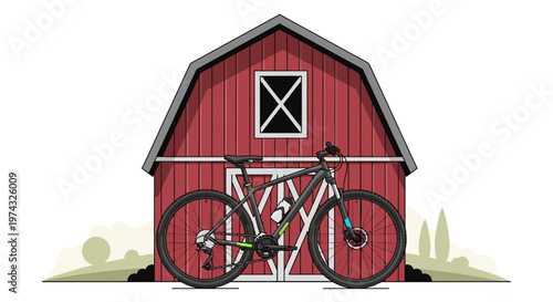Bicycle Parked Outside Rustic Red Barn Scene Vector Art