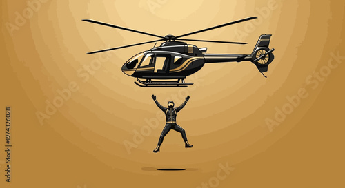Black Helicopter Hovers Above Person In Mid Air Jump
