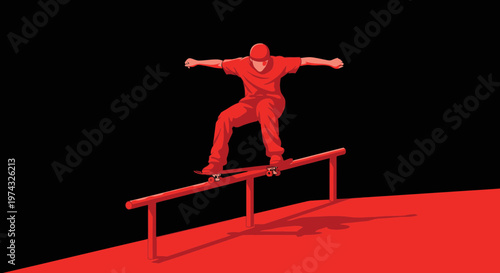 Bold Skateboarder Executes Grinding Trick On Red Rail Against Stark Black Background