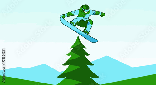 Bold Snowboarder Executes Daring Jump Over Evergreen Peak