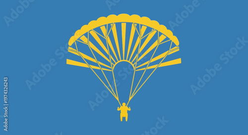 Bold Stylized Parachuter Descending Against Vibrant Blue Sky