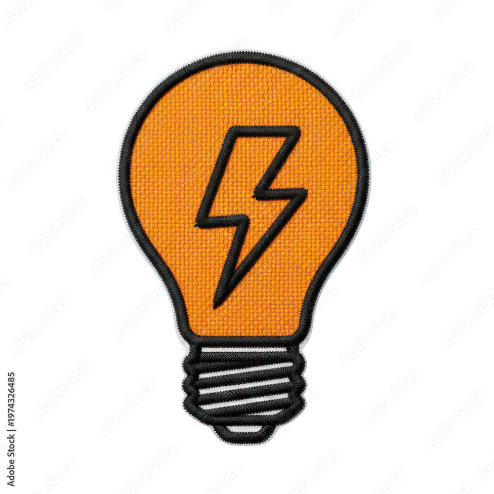 Fototapeta premium Orange light bulb patch with a black lightning bolt icon design, isolated on transparent cutout Icon png.