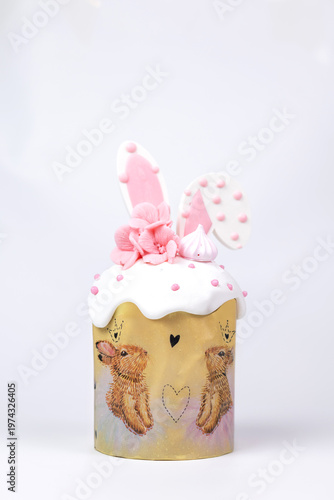 Easter Kulich Decorated with Pink Bunny Ears and Marshmallow Topper