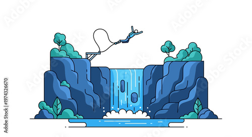Bungee Jumping Thrill Over Majestic Waterfall Cliff