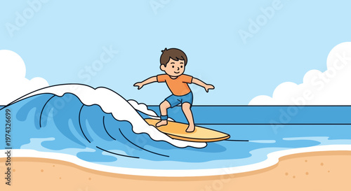 Boy Riding A Surfing Board On A Huge Ocean Wave