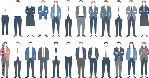 Minimalist flat illustration set of twenty business professionals arranged in two rows wearing formal and business casual attire vector