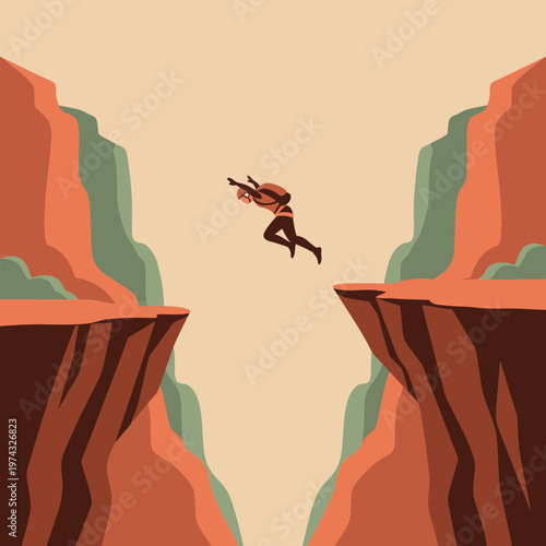 Brave Explorer Leaping Across Grand Canyon Chasm Fearlessly