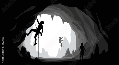 Cave Explorers Ascending Rocky Stalactites in Cavern Depths