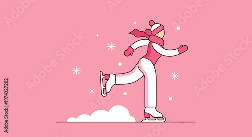 Charming Figure Skater Gliding Gracefully on a Pink Winter Wonderland