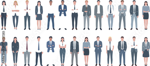 Minimalist flat illustration set of twenty business professionals arranged in two rows wearing formal and business casual attire vector