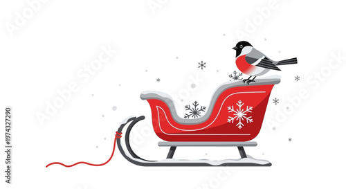 Charming Bullfinch Perched Atop Festive Red Sleigh Decorated With Snowflakes