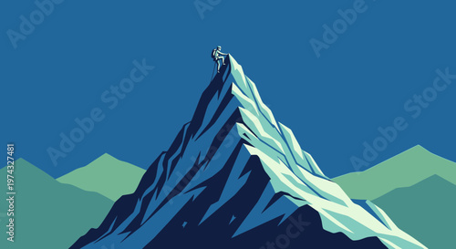 Climber Reaching Mountain Summit During Expedition Adventure