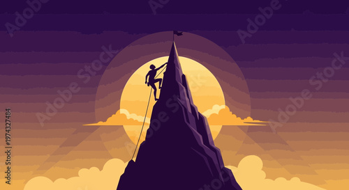 Climber Reaching Summit With Flag At Sunset Achievement Success