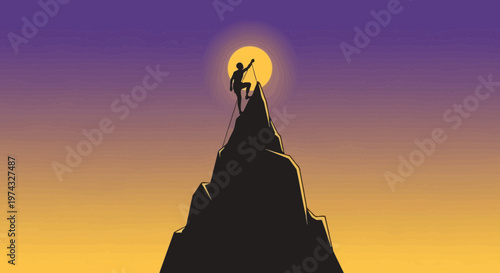 Climber Reaching Summit Against Vibrant Sunset Sky