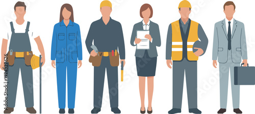 Minimalist flat illustration of six professional workers in different uniforms standing in row representing industries and business roles